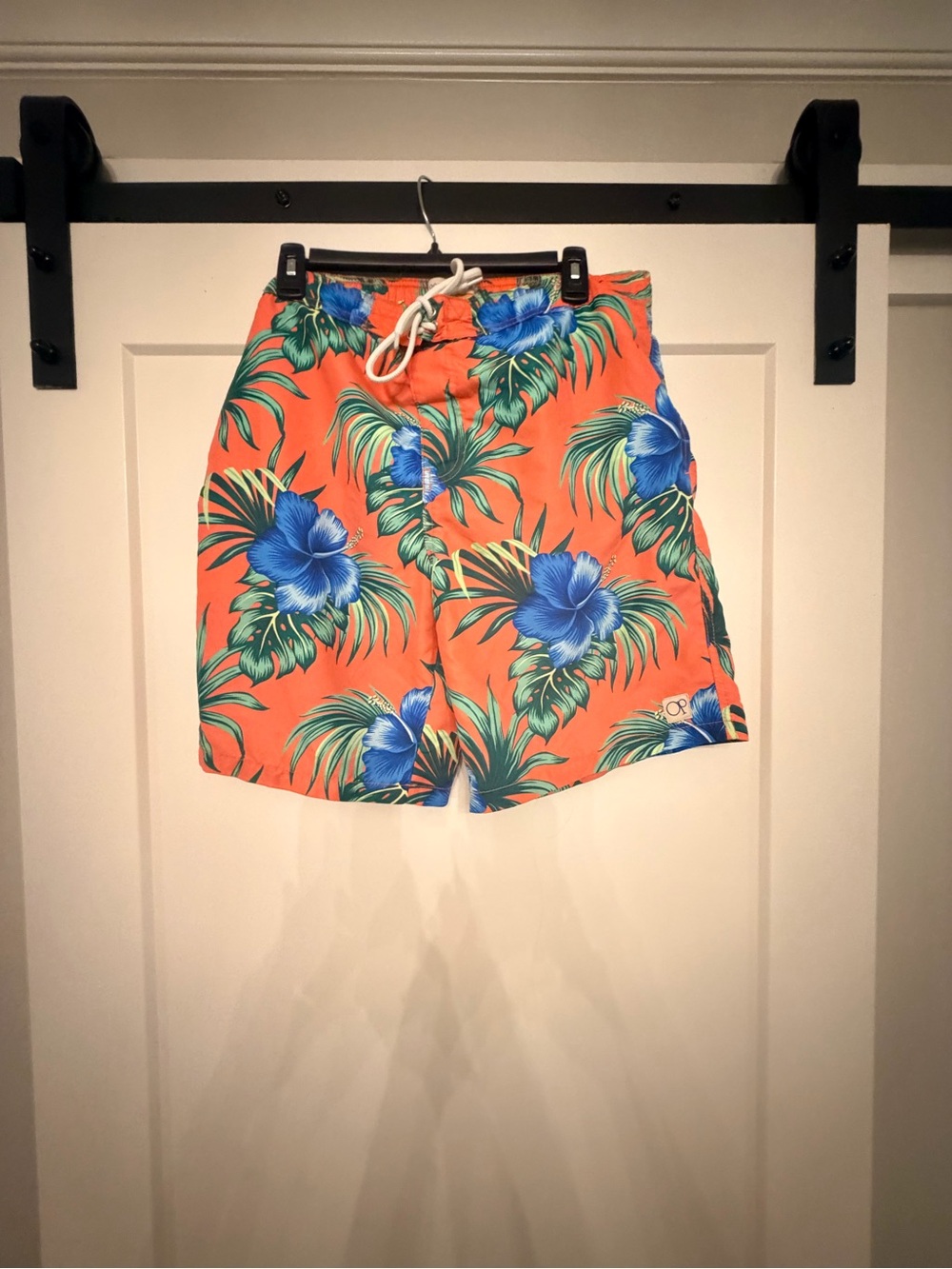 OP Men's Coral Swim Trunks with Blue Hibiscus Print